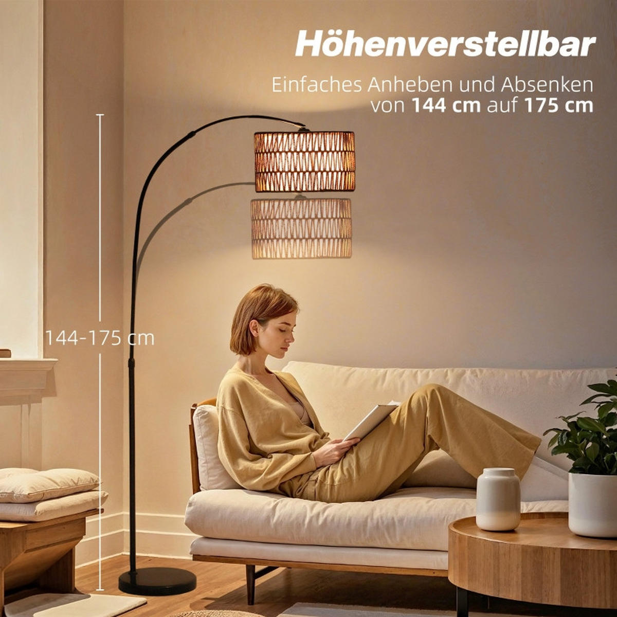 STEHLEUCHTE 93x34x144-175cm Bogenlampe Höhenverstellbar Mit Fußschalter Schwarz - Schwarz, Metall (93/34/175cm) - Raelunyi