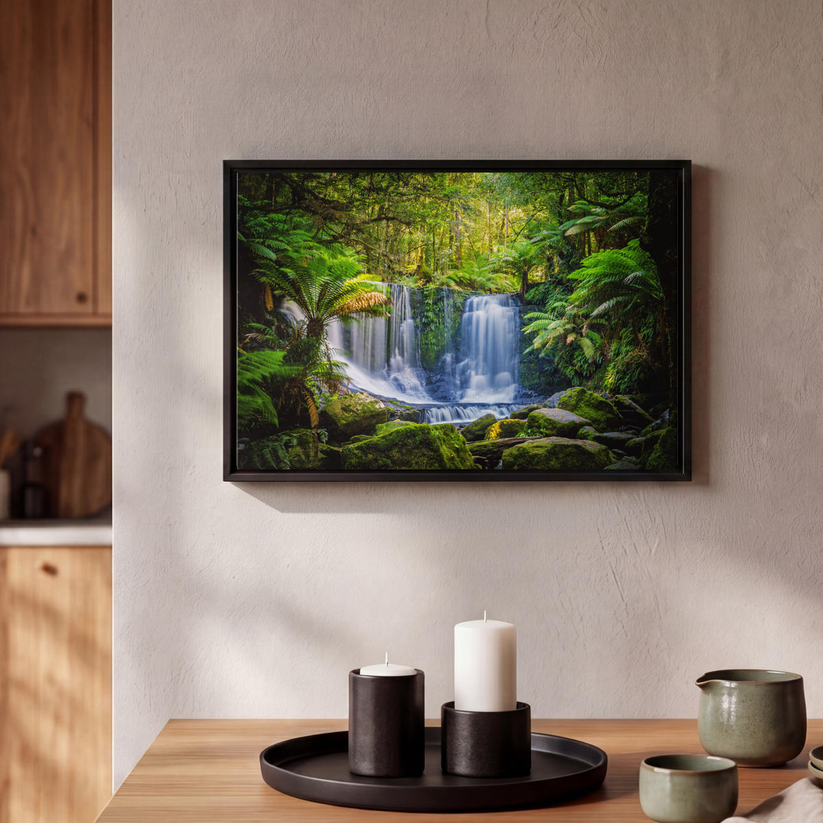 LEINWAND Bilder mit Rahmen - Dschungel - Wasserfall - Australien - Pflanzen - Natur - 30x20 - Dunkelgrün, Textil (30/20cm) - MuchoWow