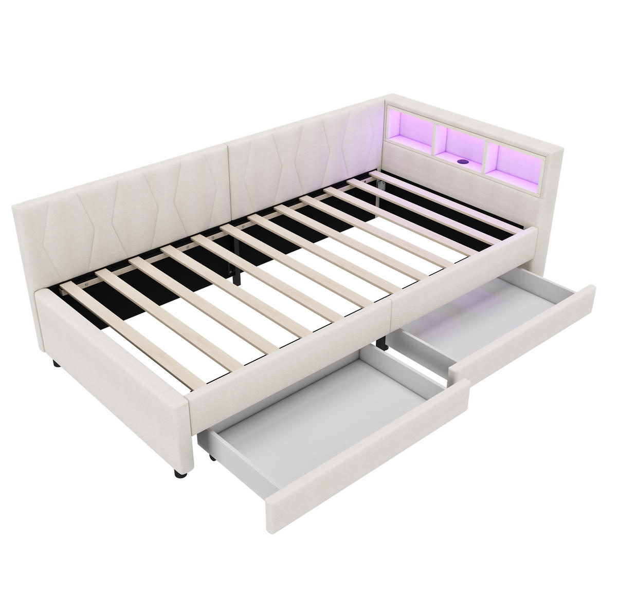 ČALÚNENÁ posteľ z ľanu a MDF 90x200 cm béžová s LED osvetlením, USB+Type C a úložným priestorom - béžová, textil (90/200cm) - Modfu