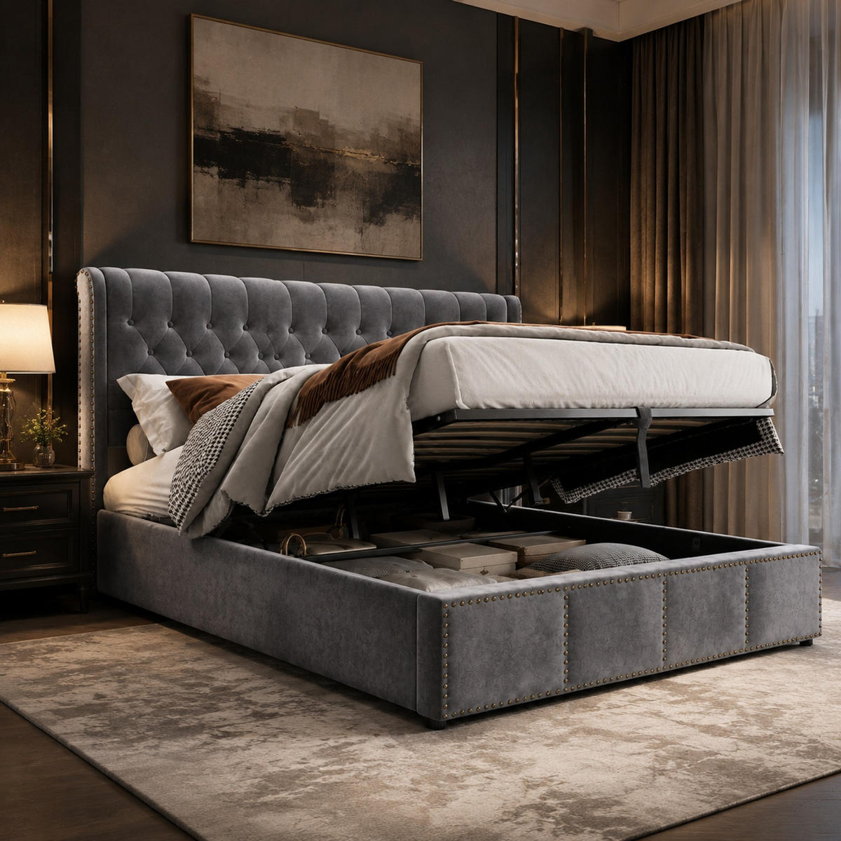 POLSTERBETT 160/200 cm in Grau mit Bettkasten und Nieten Samt - Grau, Holzwerkstoff/Textil (160/200cm) - CHICFURN