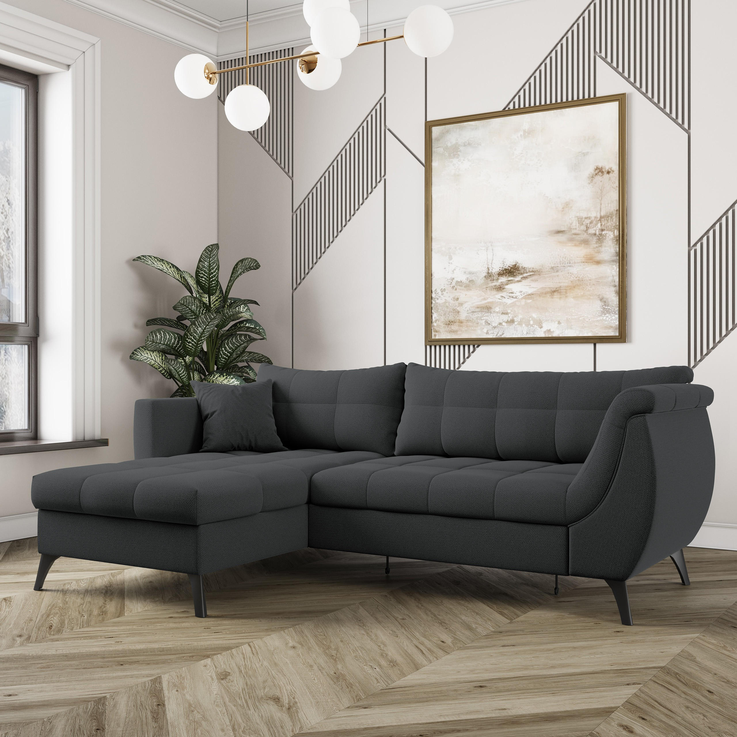 ECKSOFA MOLLIS Graphitfarben Geflochtener-Stoff mit Schlaffunktion - Graphitfarben, Holz (241/154cm) - MASSENO