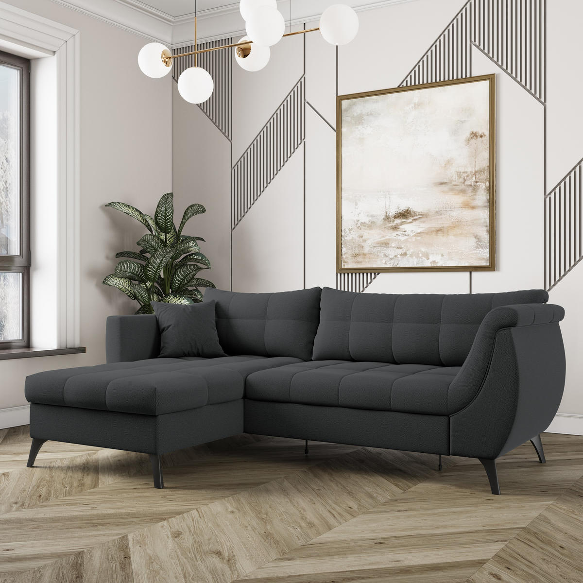 ECKSOFA MOLLIS Graphitfarben Geflochtener-Stoff mit Schlaffunktion - Graphitfarben, Holz (241/154cm) - MASSENO