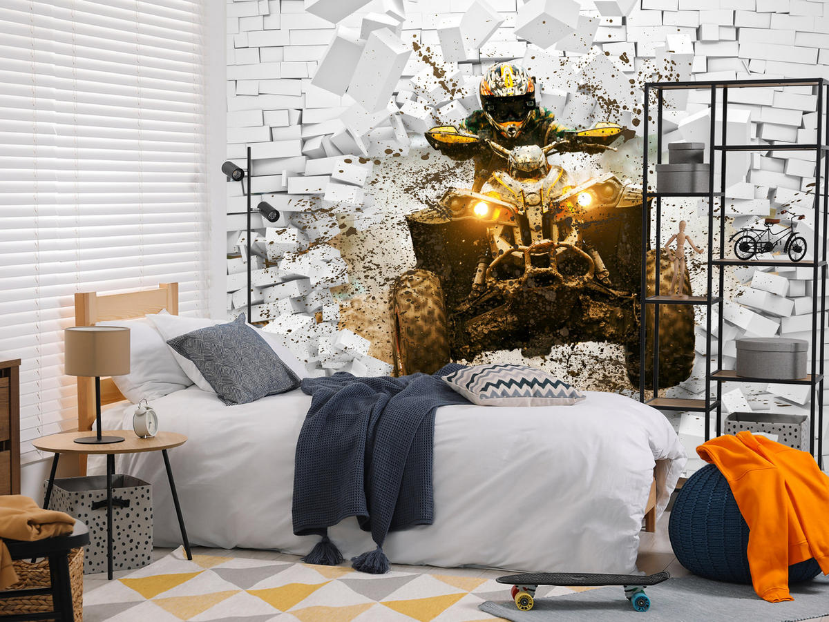 FOTOTAPETE für Büro Schlammbedecktes Quad Durchbricht Backsteinmauer 150x105 - Gelb/Beige, Papier (150/105cm) - Muralo