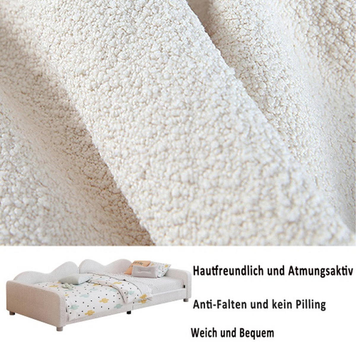 KINDERBETT 90x200cm, Schlafsofa, multifunktionales Bettgestell, weiches Bett mit Rücken- und Armlehnen, Jugendbett, Gästebett - Weiß, Textil (90/200cm)