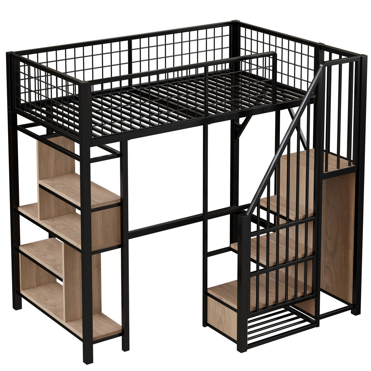 HOCHBETT 90/200 cm, schwarz mit Stauraumtreppe für kleine Räume - Schwarz, Metall (90/200cm) - MIVRAY