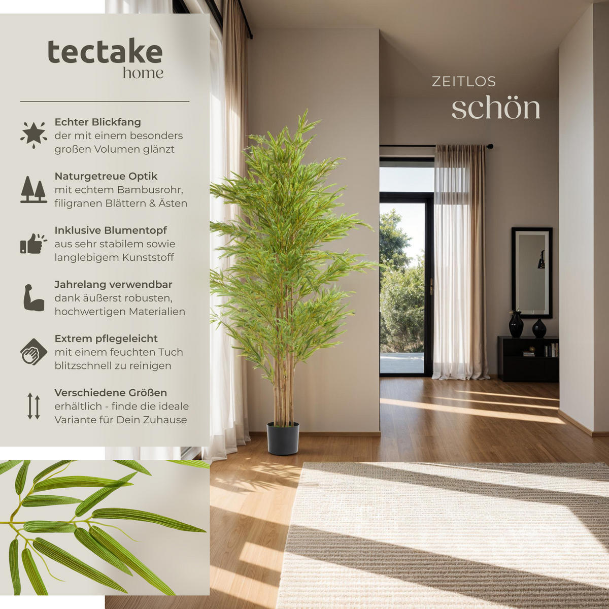 KÜNSTLICHER-BAMBUSBAUM Bambosa,stabiler Kunststoff-Blumentopf,grün - Grün, Kunststoff (180cm) - tectake