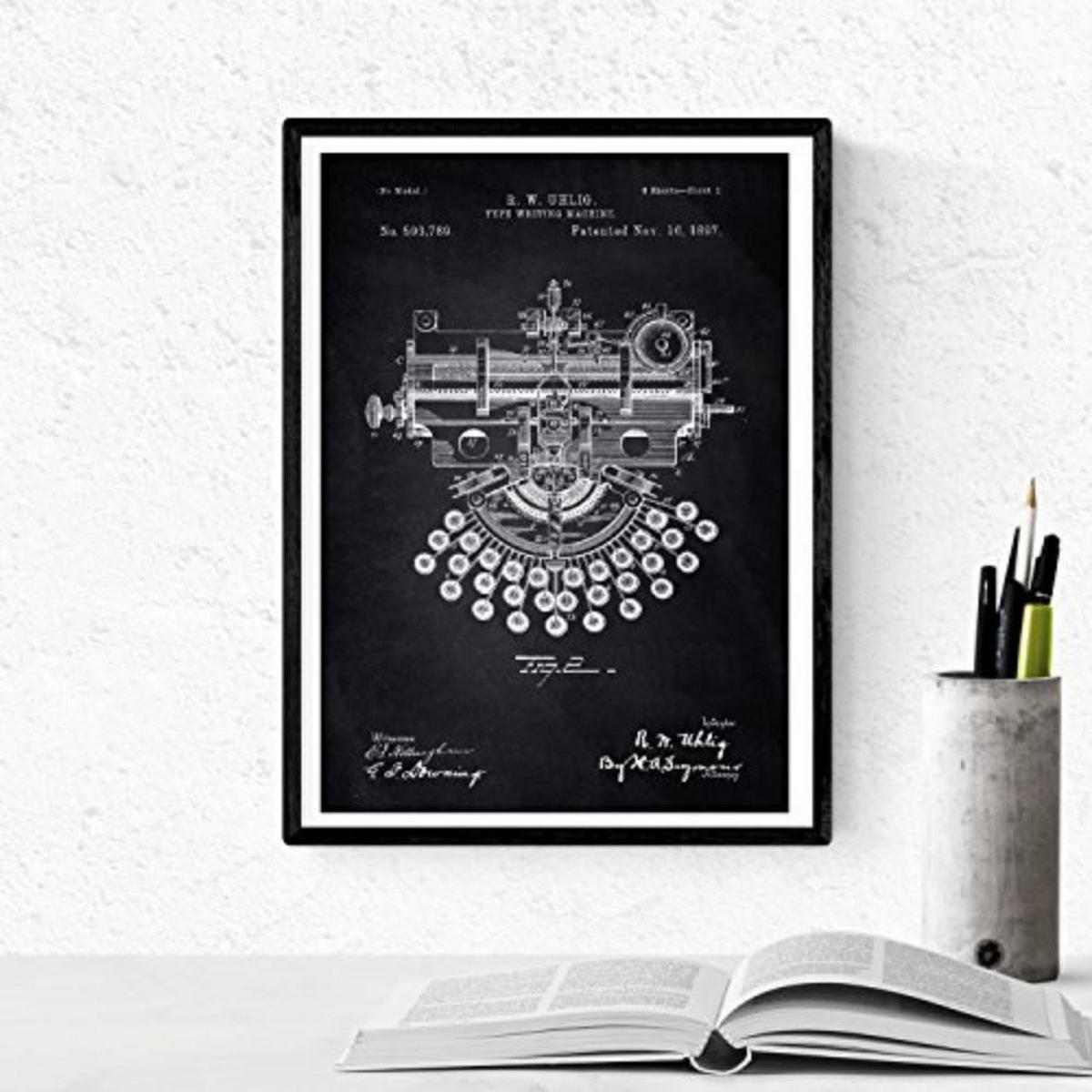 POSTER Set mit 4 SCHWARZ PATENTEN Schreibmaschinen A4 Schwarzer Rahmen - Schwarz, Papier (29.7/3cm) - Nacnic