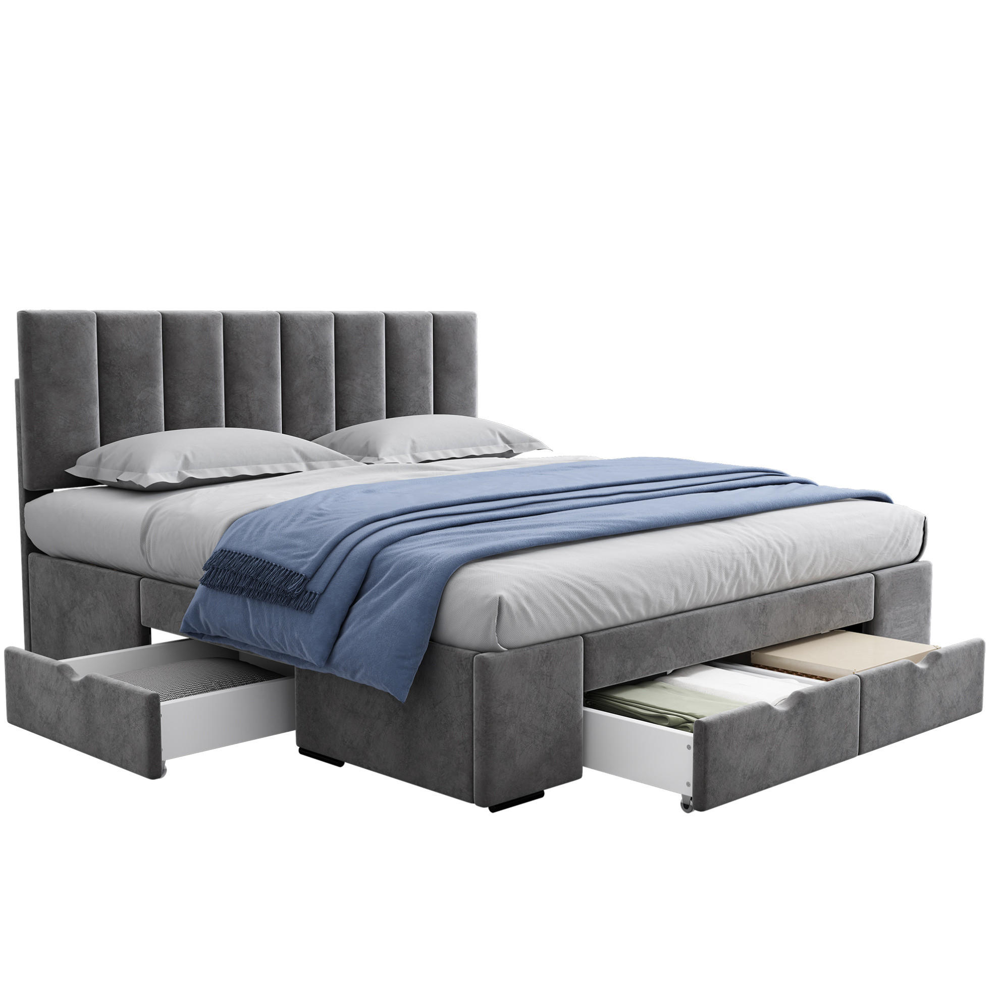 POLSTERBETT 160/200 cm grau aus Samt mit Lattenrost 4 Schubladen - Grau, Textil (160/200cm) - OKWISH