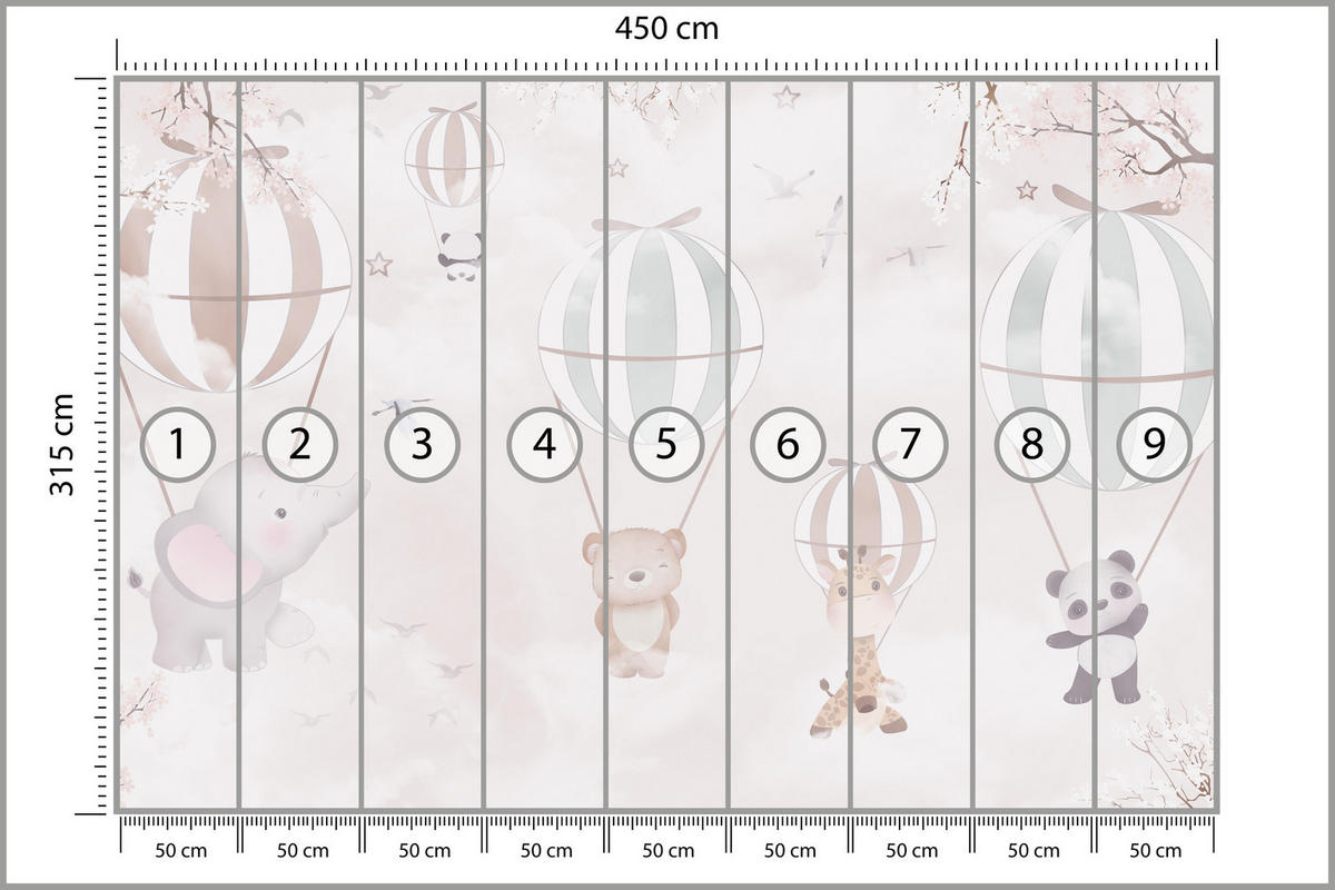 FOTOTAPETE für Kinderzimmer Tiere Himmel Elefant Giraffe Panda Vögel Ballons 450x315 - Multicolor, Papier (450/315cm) - Muralo