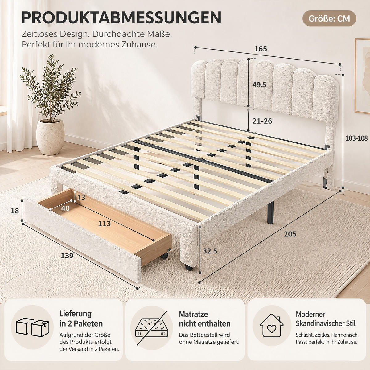 POLSTERBETT 160x200 cm mit Stauraum, Doppelbett mit Schubladen, USB und Typ-C, Lattenrost, verstellbares Kopfteil, Teddy-Fleece Beige - Beige, Holz/Metall (160/200cm) - GENKI LIVING