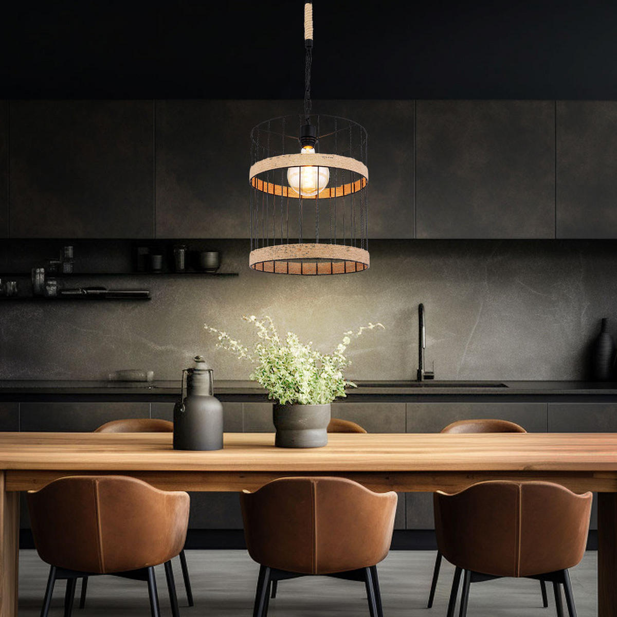 HÄNGELEUCHTE Gitteroptik Schwarz Hanfseil - Schwarz, Metall (35/35/145cm) - Globo Lighting