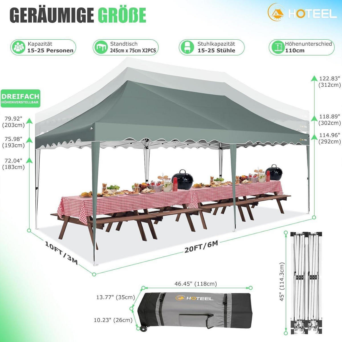 FALTPAVILLON 3x6 m Grau mit 6 Seitenwänden Metall - Grau, Metall (300/203/600cm)