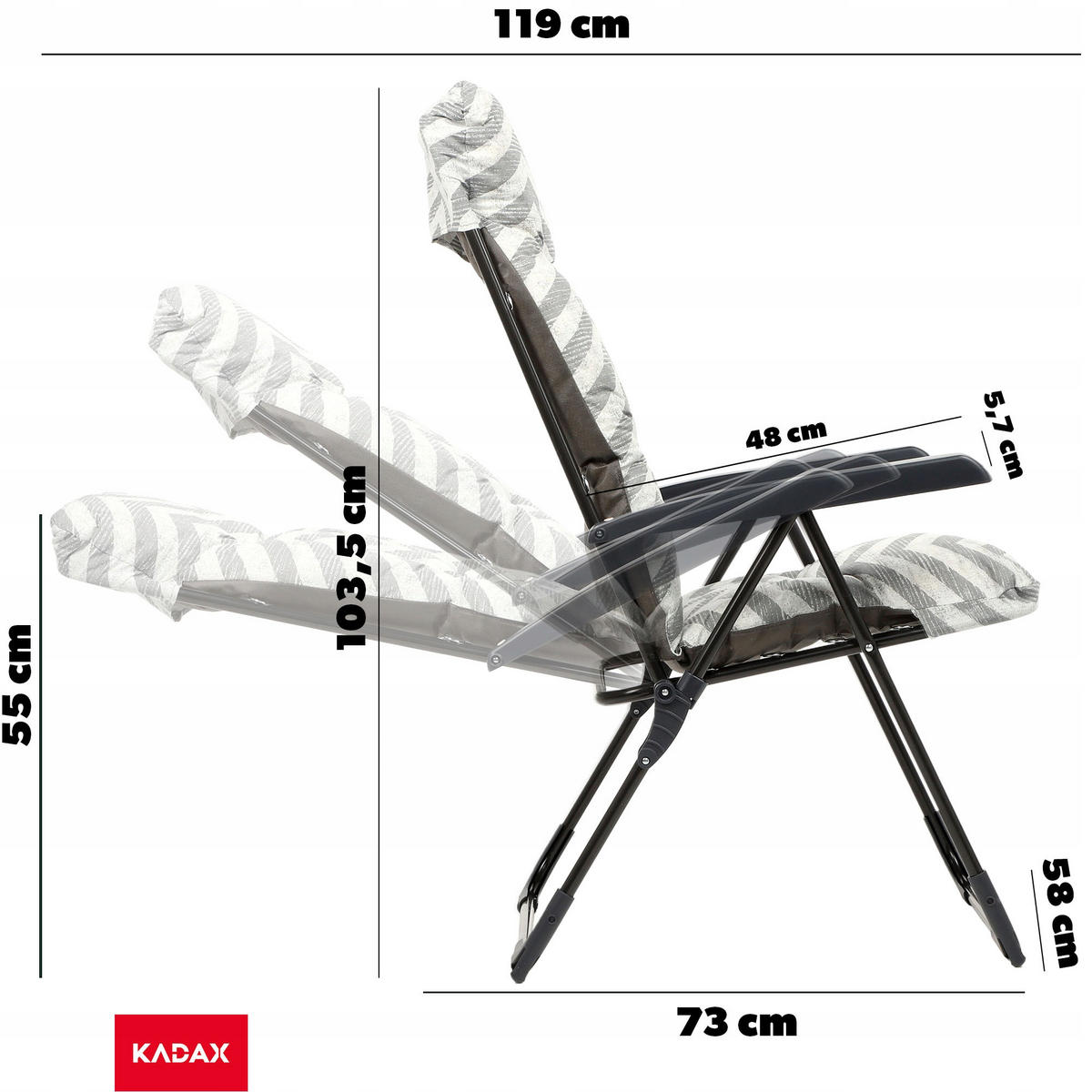 GARTENLIEGESTUHL 119 x 58 cm Zigzag“ - Weiß/Grau, Metall (58/119cm) - KADAX