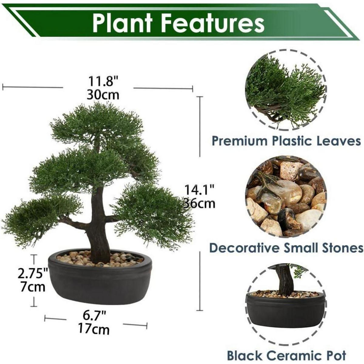 KUNSTBONSAI Zeder mit Keramik-Übertopf Schwarz 36 cm - Grün, Kunststoff (36cm)