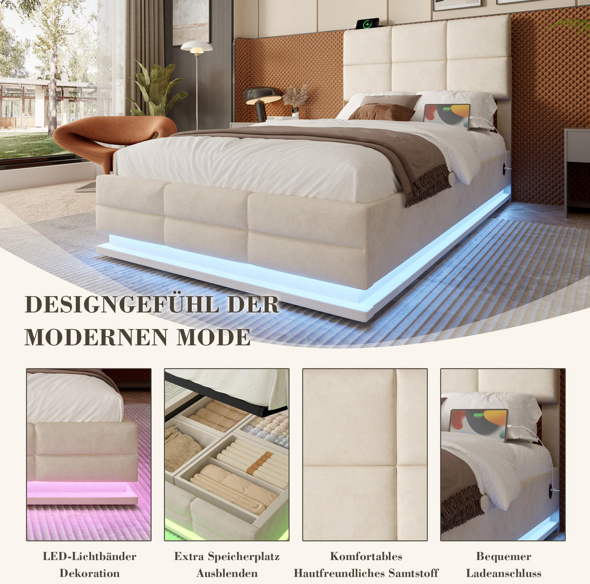BETT mit Stauraum 90x200 cm Samt Beige - Beige, Metall (90/200cm) - Meubliv
