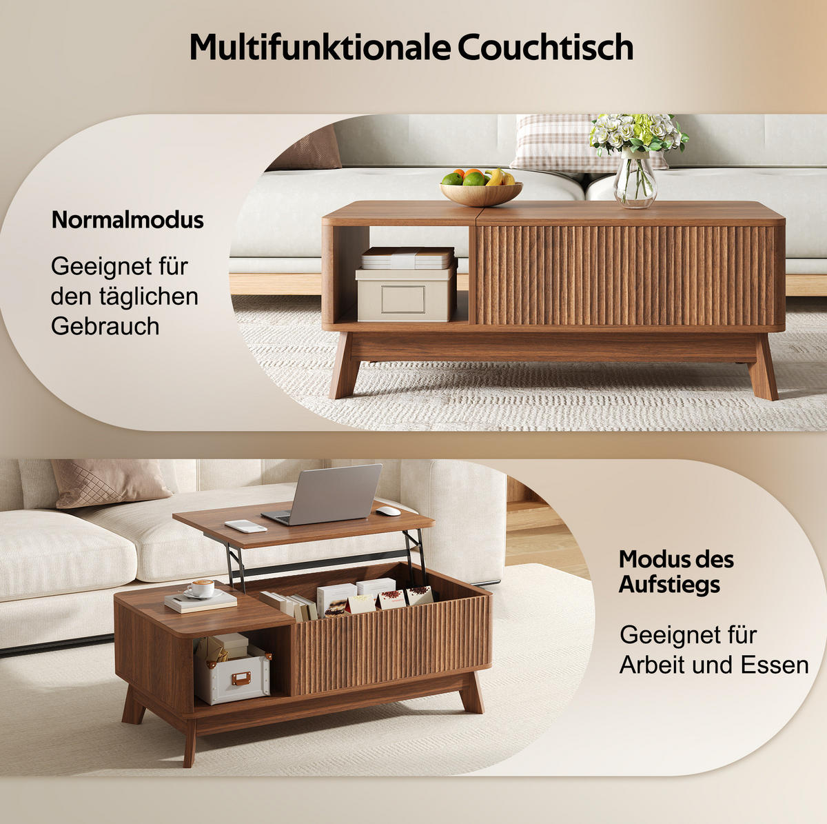 COUCHTISCH 95/48/50 cm in Nussbaum aus MDF mit Hubfunktion und Wellenoptik - Walnussfarben, Holzwerkstoff (95/48/50cm) - OKMYHOME