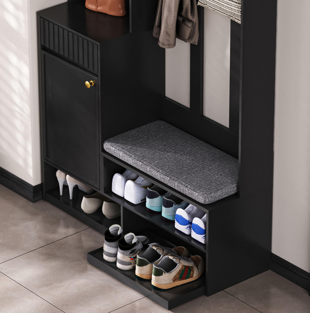 GARDEROBE 35/100/180 cm schwarz aus MDF mit Sitzbank und Schubladen - Schwarz, Holzwerkstoff (100/180/35cm) - OKWISH