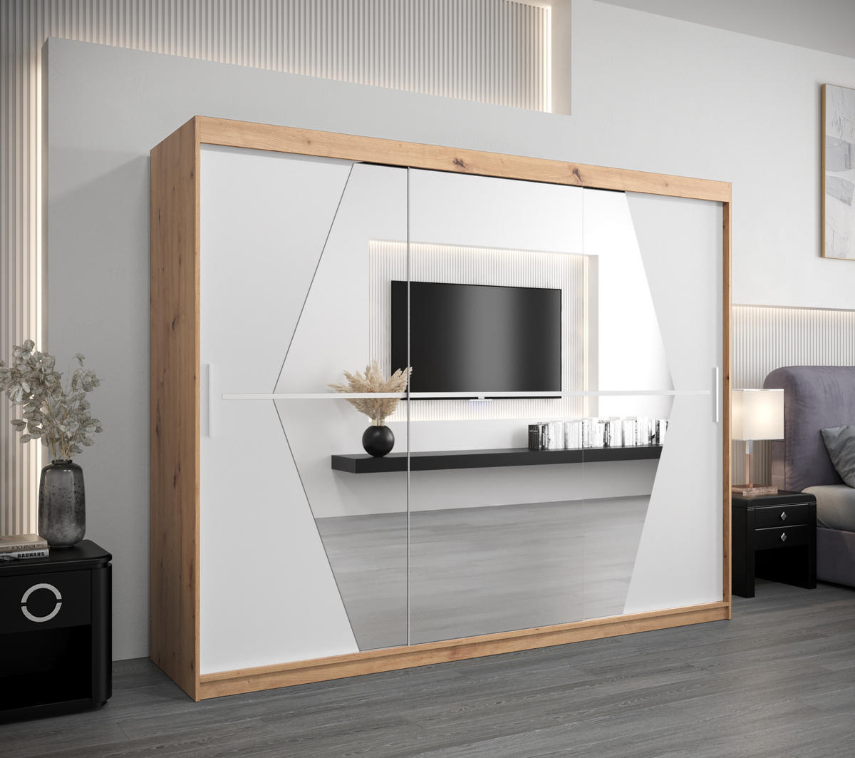 SCHWEBETÜRENSCHRANK 200/250/62 3-türig - Silberfarben/Weiß, Holz/Kunststoff (250/200/62cm) - Abiks Möbel
