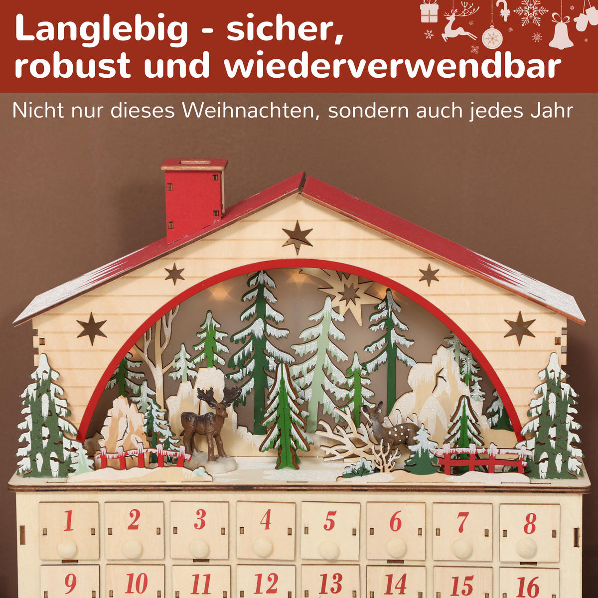 ADVENTSKALENDER zum Befüllen 24 Schubladen Fächer Weihnachtskalender Naturholz - Naturfarben, Holzwerkstoff (10/34/36cm) - HOMCOM