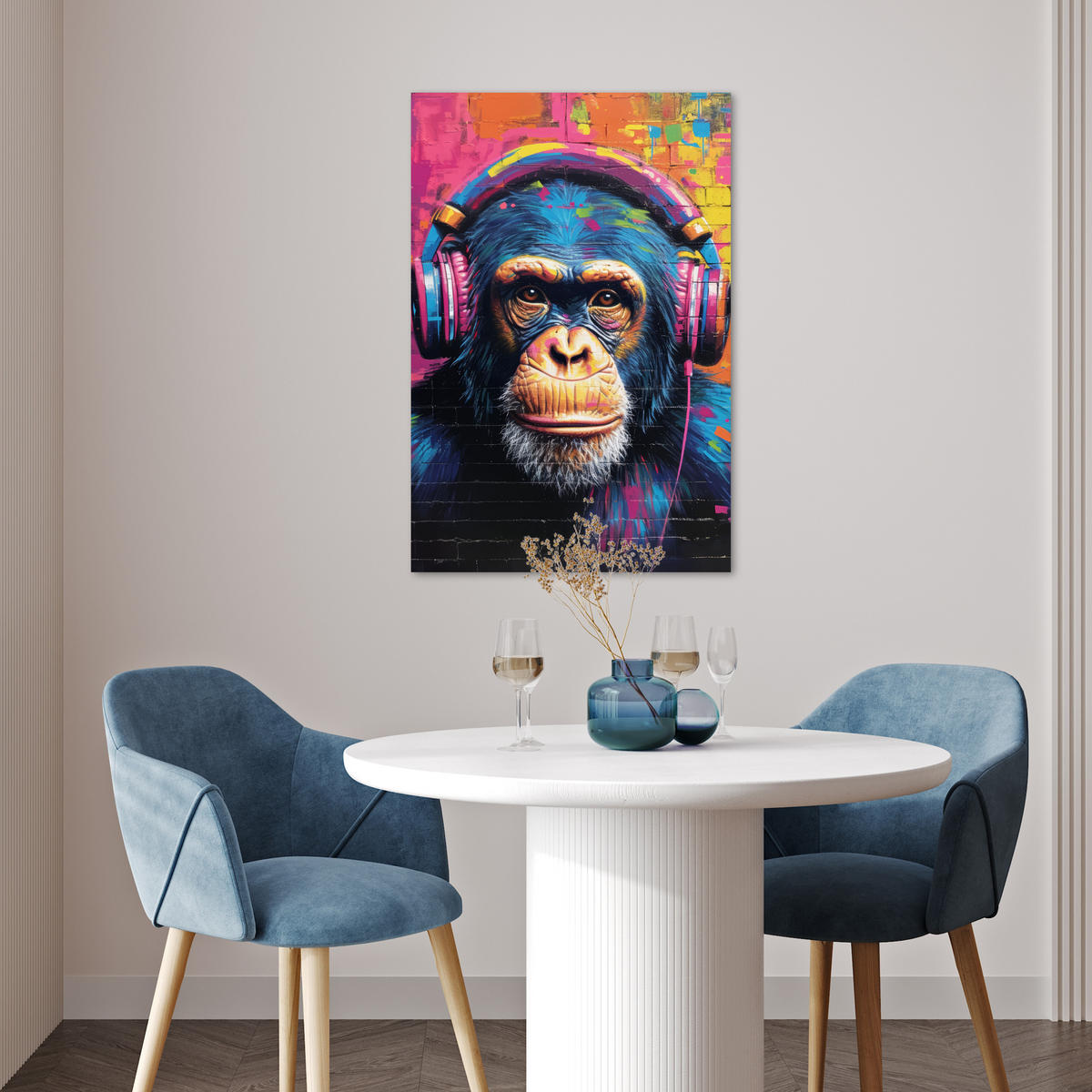 POSTER Graffiti - Schimpanse - Straßenkunst - Kopfhörer - Affe 40x60 cm - Blau, Papier (40/60/0.1cm) - MuchoWow