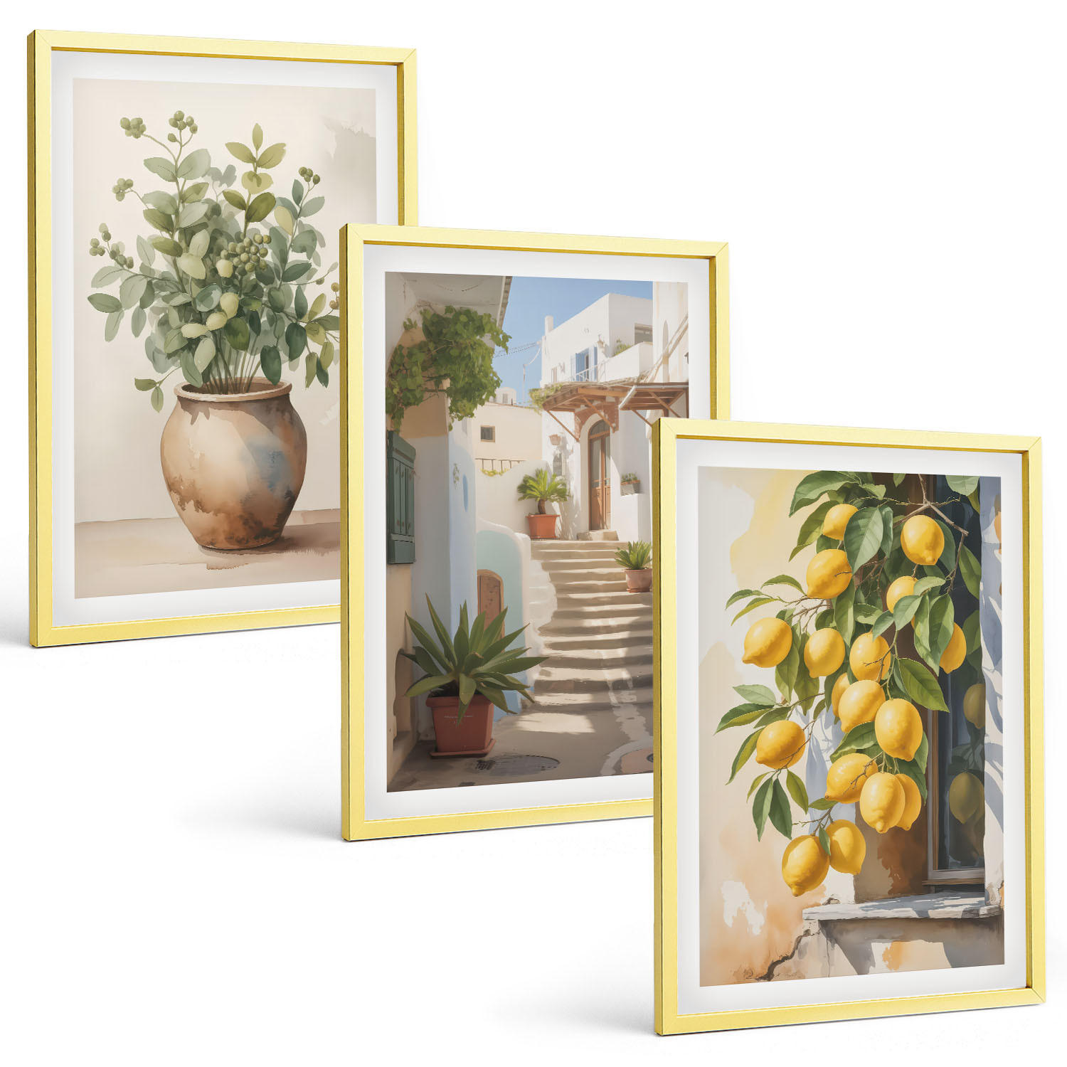 BILDER SET 3er Set - 40x60 cm Goldrahmen - Zitronenblumen im Topf, Straßen - Goldfarben, Kunststoff (40/60cm) - TULUP