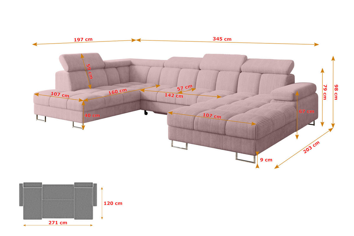 WOHNLANDSCHAFT mit Schlaffunktion und Bettkasten Ottomane Links COMA U 345x203x79 Rosa Cord - Rosa, Holzwerkstoff/Textil (345/79/203cm) - ALTDECOR