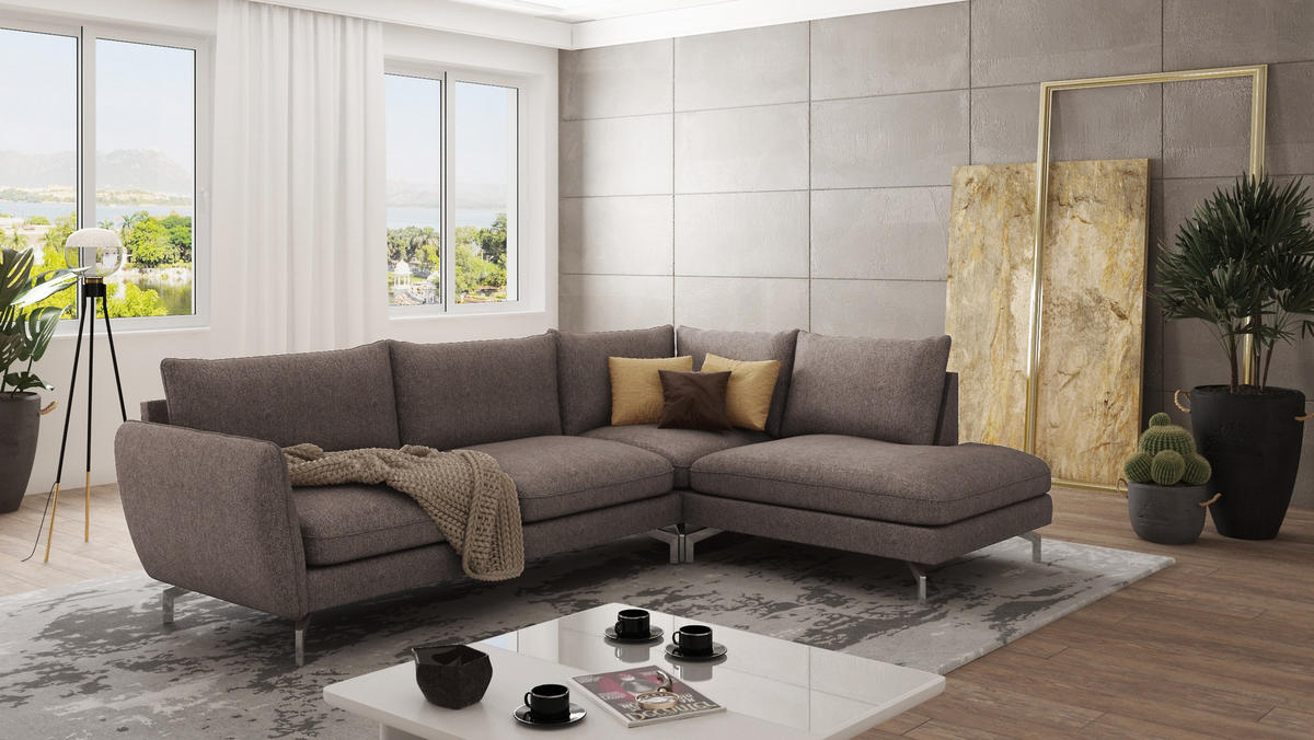 ECKSOFA Elou Braun - Khaki Microfaser - Chromfarben/Dunkelbraun, Holz/Textil (277/200cm) - S-Style Möbel