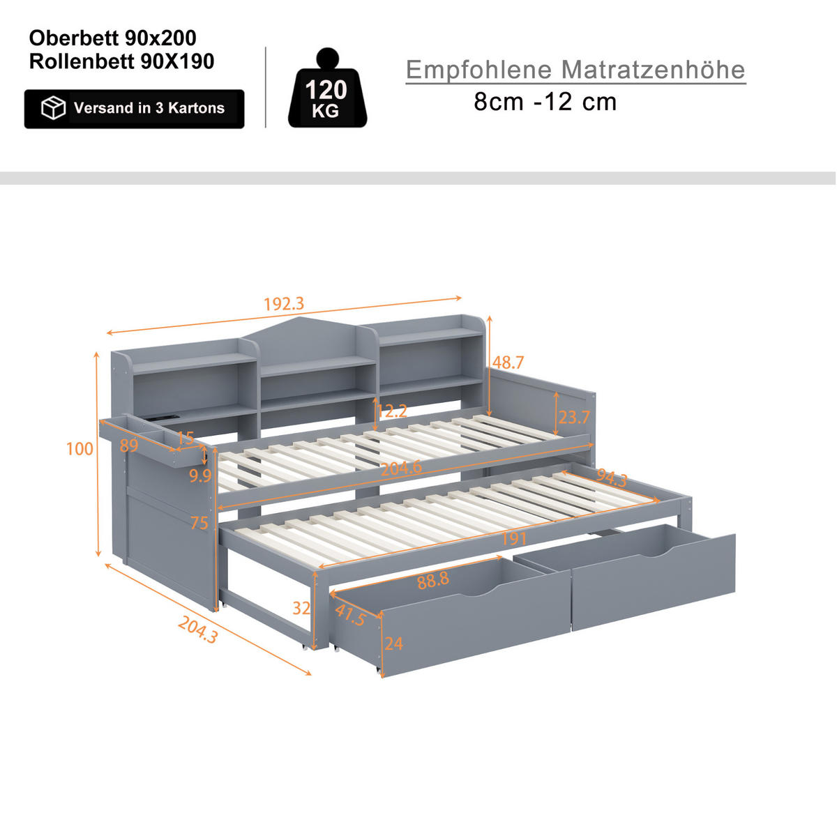 SCHLAFSOFA 90/200 cm mit Ausziehbett, USB-Steckdose und Stauraum aus Holz, Grau - Grau, Holz (204.6/100/110cm) - Redom