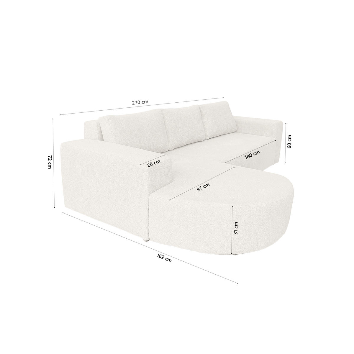 ECKSOFA Tolga mit Schlaffunktion, Ecru - Ecru, Textil (162/270cm) - Fedve