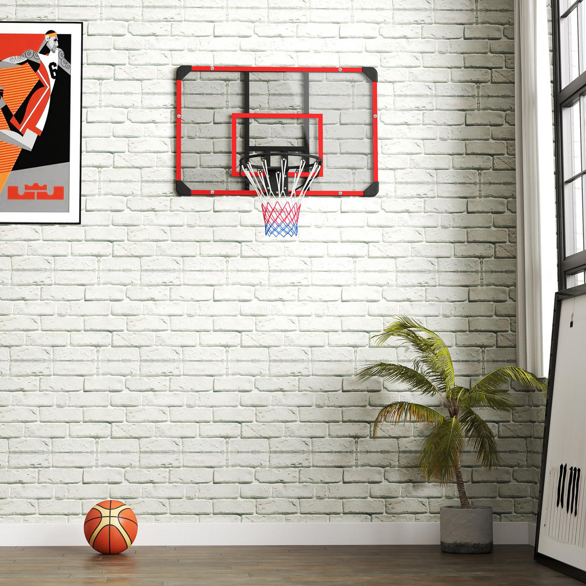 BASKETBALLKORB, Basketballbrett mit Korb, Wandmontage, für Outdoor, Stahl - Rot, Metall (61/113cm) - SPORTNOW
