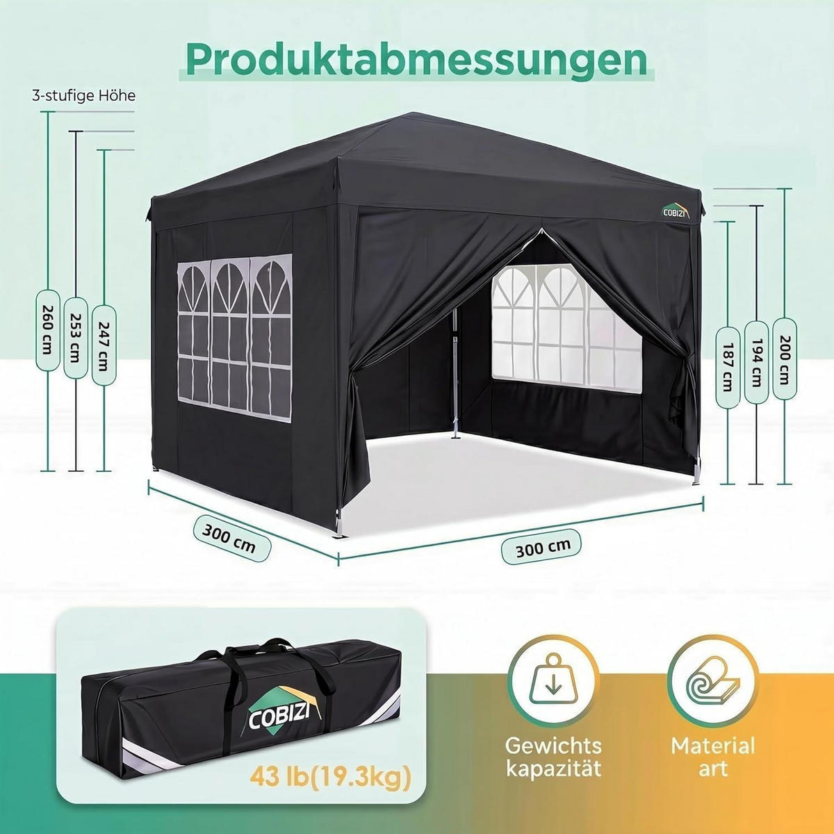 FALTPAVILLON 3x3m Wasserdicht mit Seitenwänden Schwarz - Schwarz, Textil (300/260/300cm)