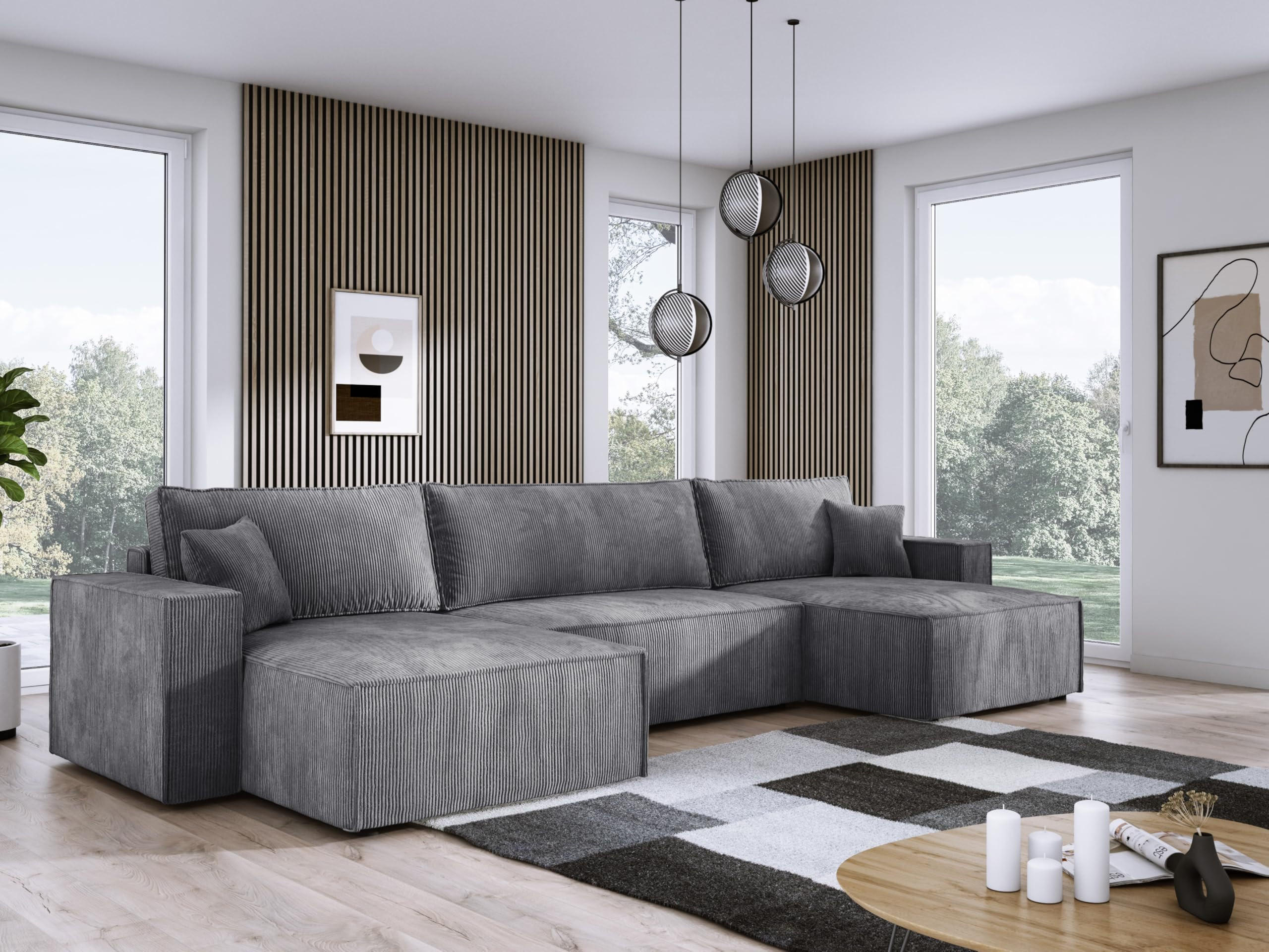 ECKSOFA Poso XXL U-förm, Schlaffunktion, weiche Kissen, Bettkasten, hochwertige Polsterung, lose Rückenkissen, freistehend, 377x143x83 cm Grey - Dunkelgrau, Holz/Textil (377/83/143cm) - DomoHome