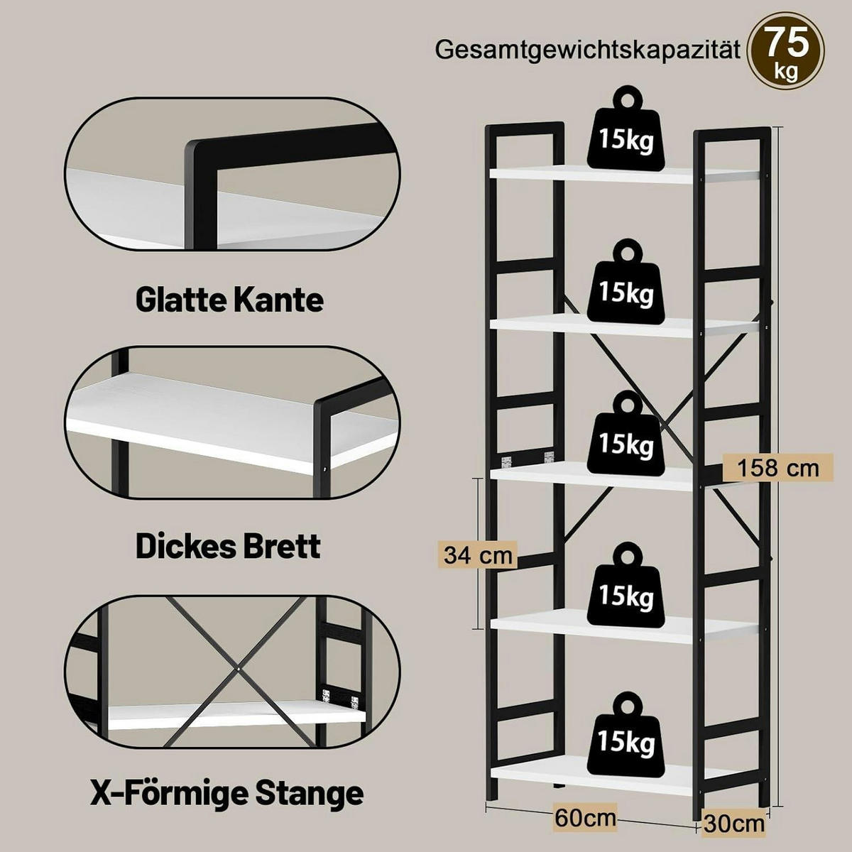 BÜCHERREGAL 5 Ebenen Weiß-Schwarz 30 x 60 x 158 cm - Schwarz, Metall (30/158/60cm)