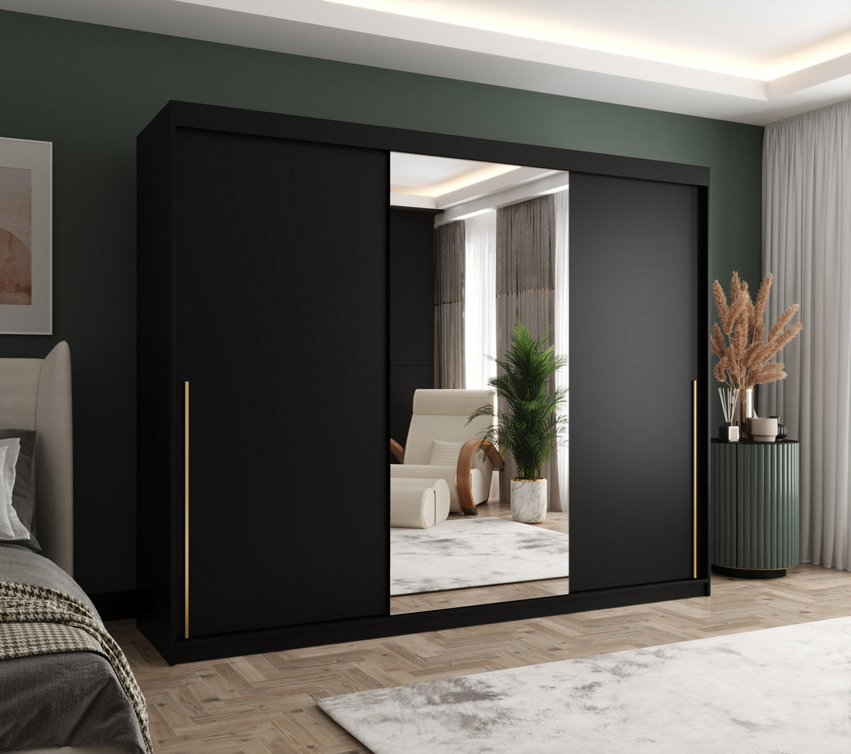 SCHIEBETÜRENSCHRANK mit Spiegel 250 cm Breite, schwarz mit goldenem Griff - Goldfarben/Schwarz, Holzwerkstoff (250/200/62cm) - Home Collective