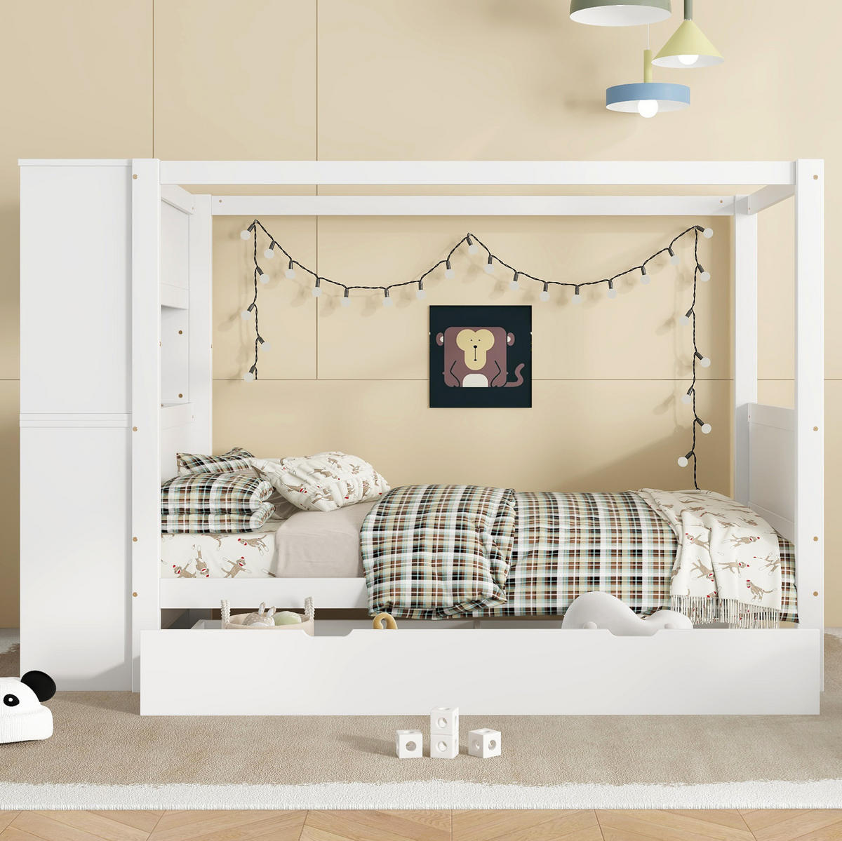 KINDERBETT 90/200 cm in Weiß mit Fallschutz, Stauraum und Himmelstange - Weiß, Holzwerkstoff (90/200cm) - BEAOK