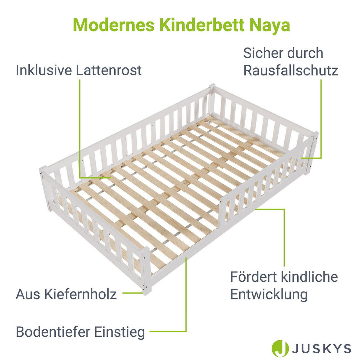 KINDERBETT Naya weiß mit Matratze 90x200 cm - Weiß, Holz (120/200cm) - Juskys
