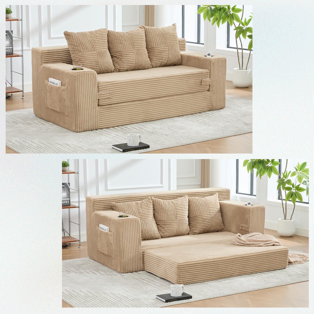 2-SITZER Bodensofa ausklappbar, Getränkehalter/Seitentaschen, Cord, hellbraun - Hellbraun, Textil (172/64/87cm) - LVHOM