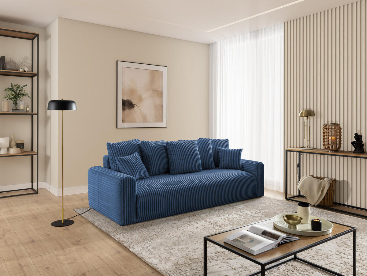 SCHLAFSOFA Calma mit Bettkasten im Bumpy-Design aus weichem Marineblau Plüschcord - Blau/Schwarz, Holz/Kunststoff (239/88/98cm) - S-Style