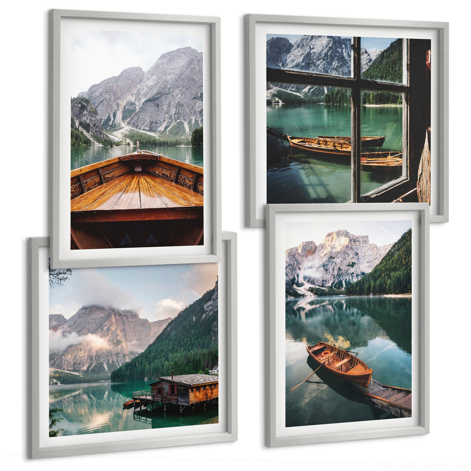 BILDER SET 4er Set - 50x50 cm & 40x60 cm Silberner Rahmen - See, Berge, Boote, Hütte, Fenster - Silberfarben, Kunststoff (50/50cm) - TULUP