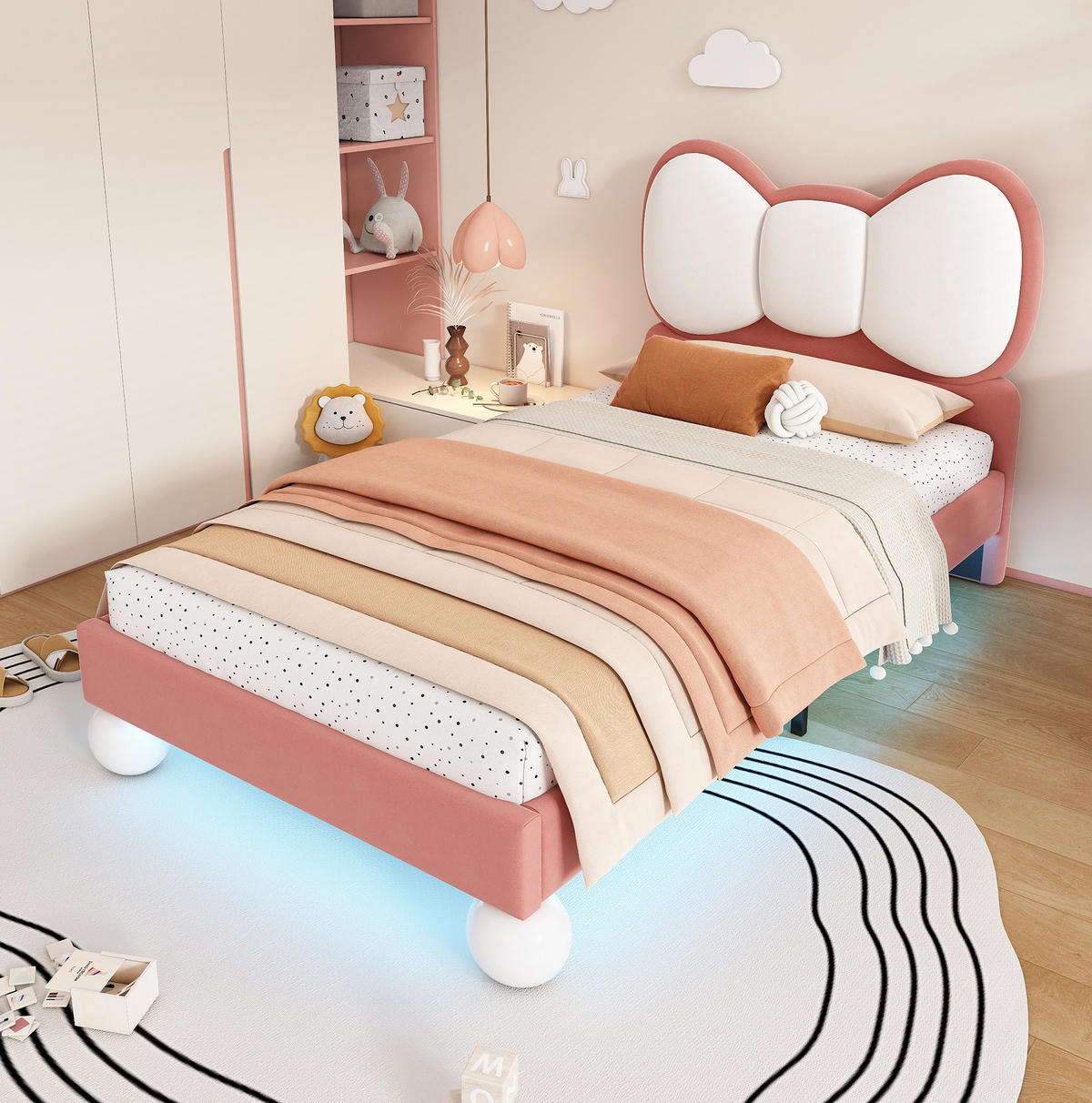 KINDER-POLSTERBETT 90/200 cm in Beige/Rosa aus Samt mit LED-Lichtleiste - Pink, Textil (90/200cm) - OKMYHOME