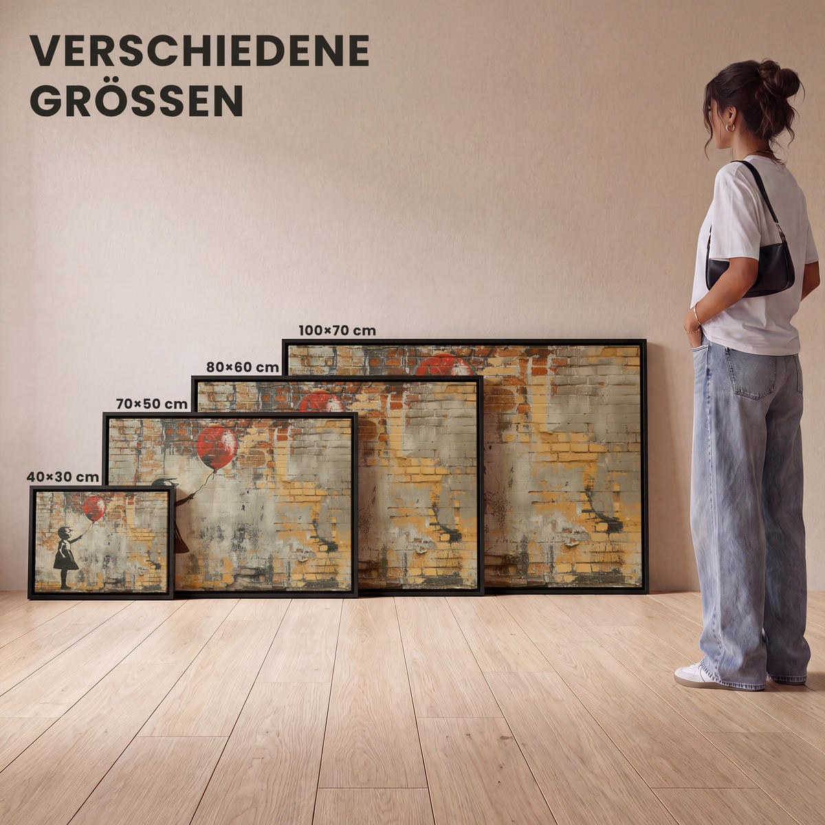 LEINWAND Bilder mit Rahmen - Graffiti - Banksy - Mädchen - Straßenkunst - 40x30 - Sandfarben, Textil (40/30cm) - MuchoWow