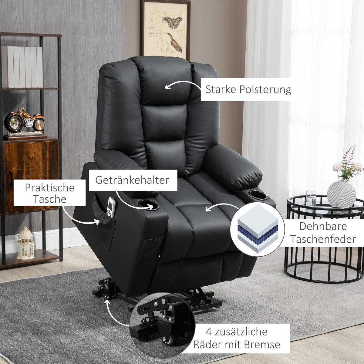 MASSAGESESSEL DE-06354 Mit Aufstehilfe, 150° neigbar, USB Schwarz - Schwarz, Metall (98/102/90cm) - ComfortXL