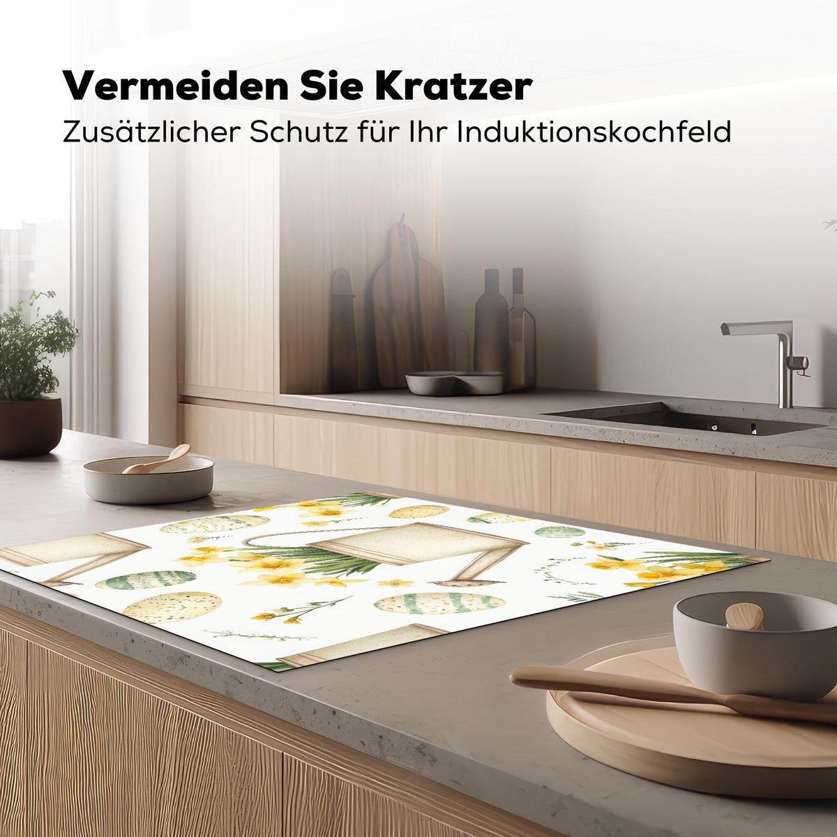 HERDABDECKPLATTE Gießkanne - Blumen - Eier Induktionsmatte 78x78 cm - Weiß, Kunststoff (78/78/0.2cm) - MuchoWow