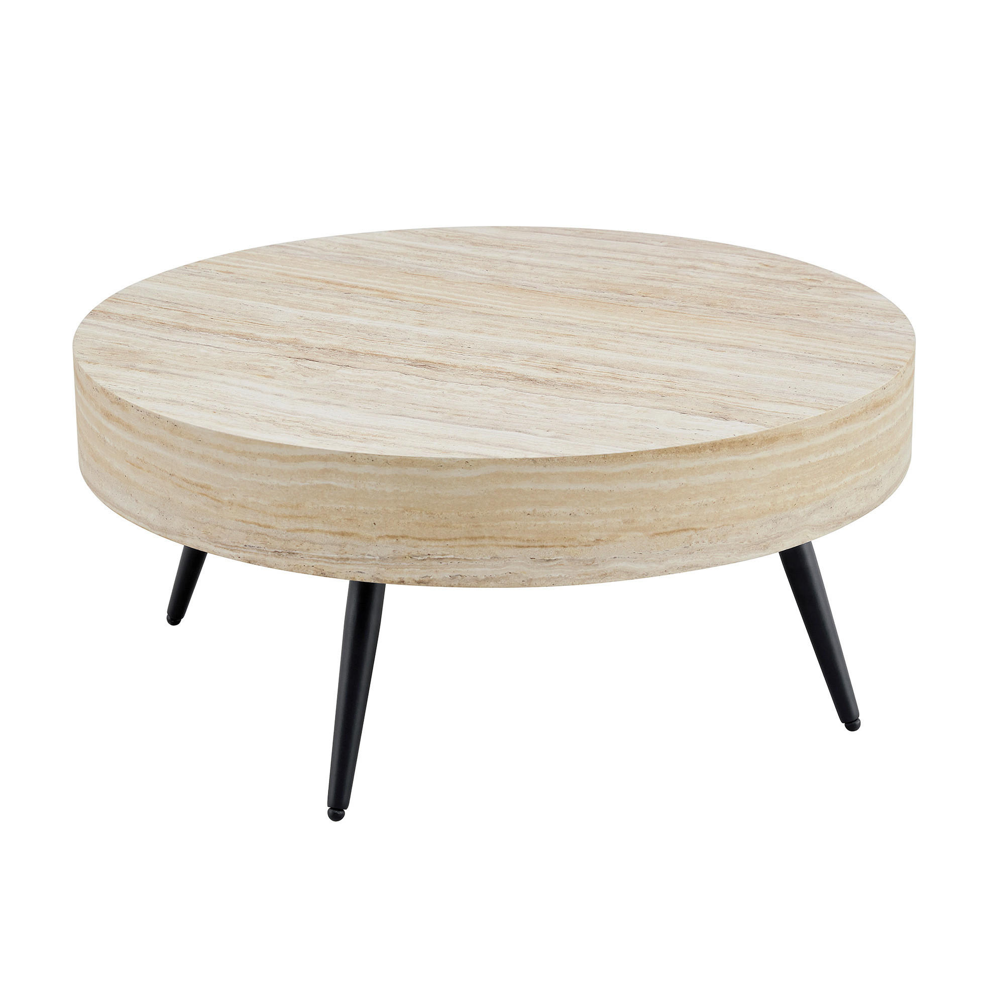 KONFERENČNÍ stolek, Ø 70/35,5 cm, MDF v dekoru světlého travertinu a černý kov - černá, kompozitní dřevo (70/70/35.5cm) - BEAOK
