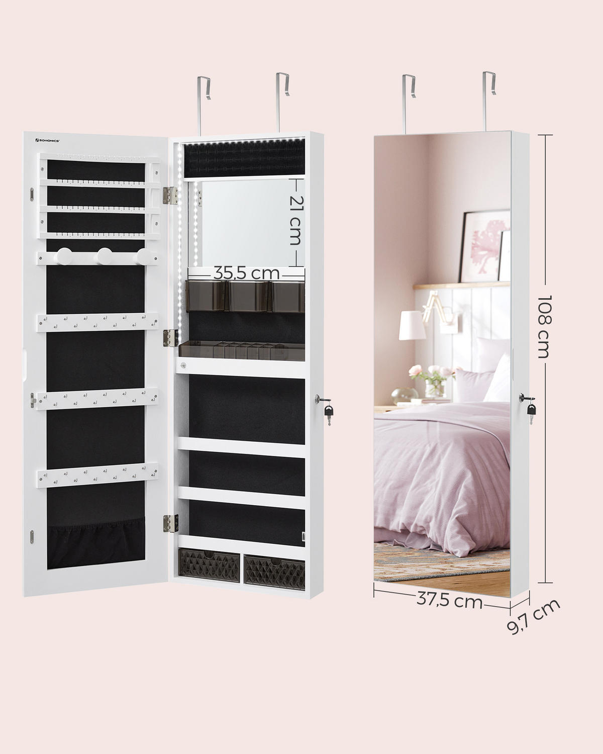 SCHMUCKSCHRANK Betty - Weiß, Holzwerkstoff (10/108/37cm) - SONGMICS