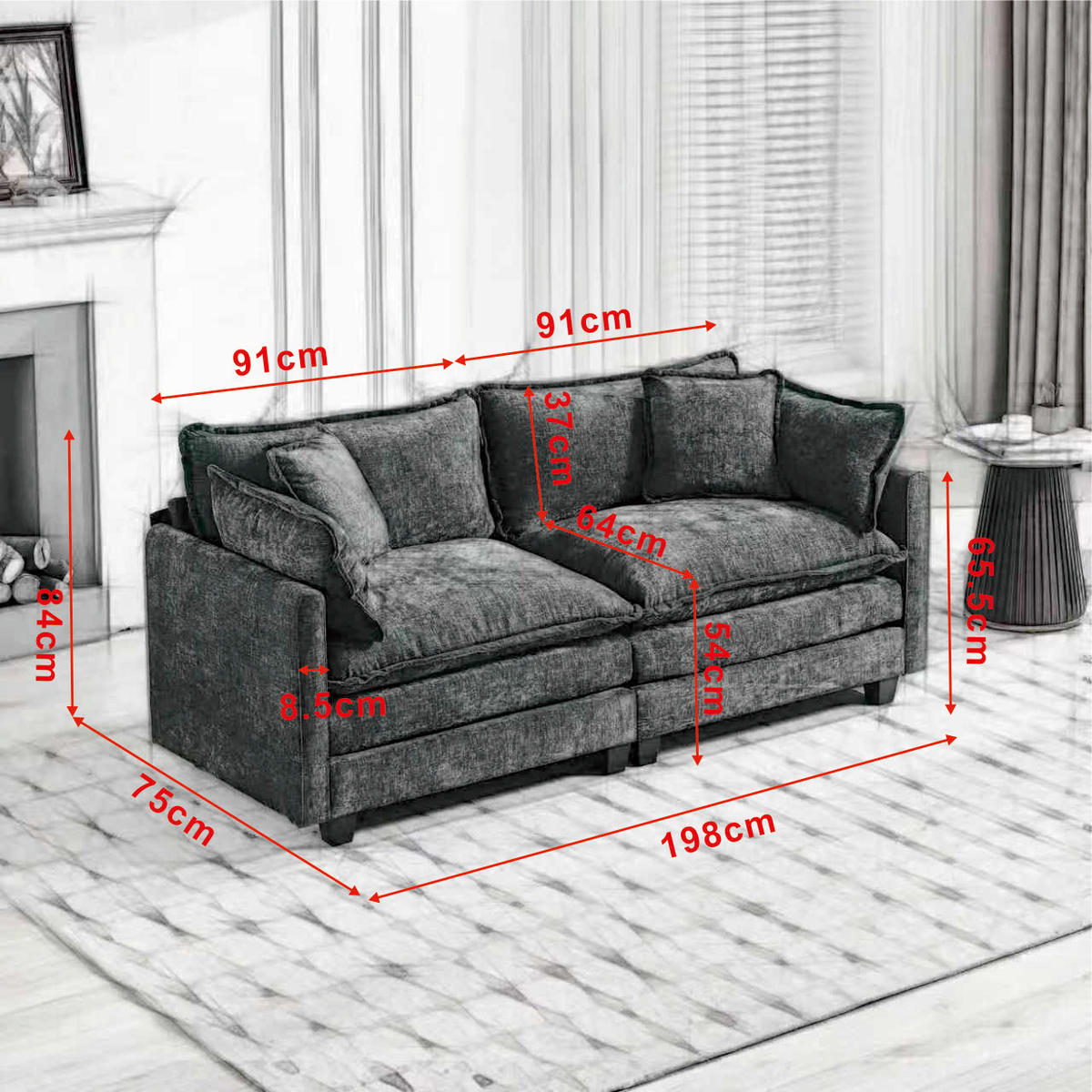 2-SITZER-SOFA aus Chenille 189x75x84 cm mit modularer Bauweise, schwarz - Schwarz, Textil (75/84/189cm)