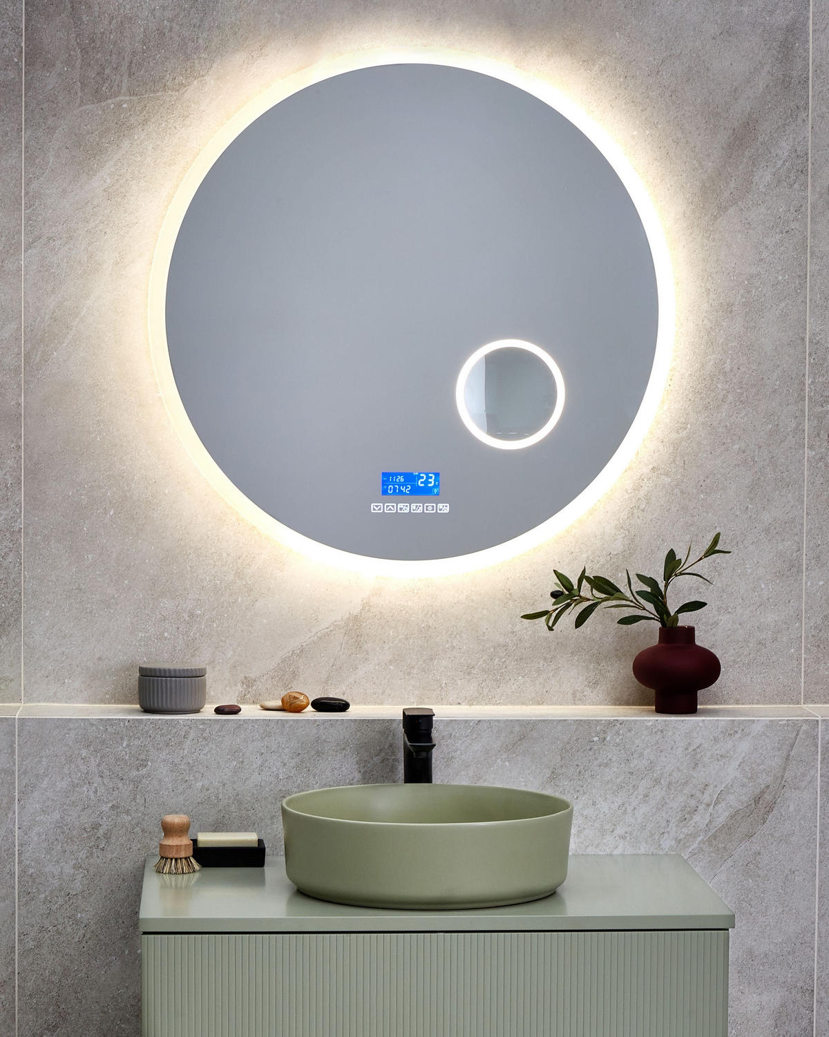 OGLINDĂ DE BAIE CU LED 80/80 cm cu Bluetooth-Lautsprecher argintie Fixin - argintiu, sticlă (80/80/4cm) - Beliani