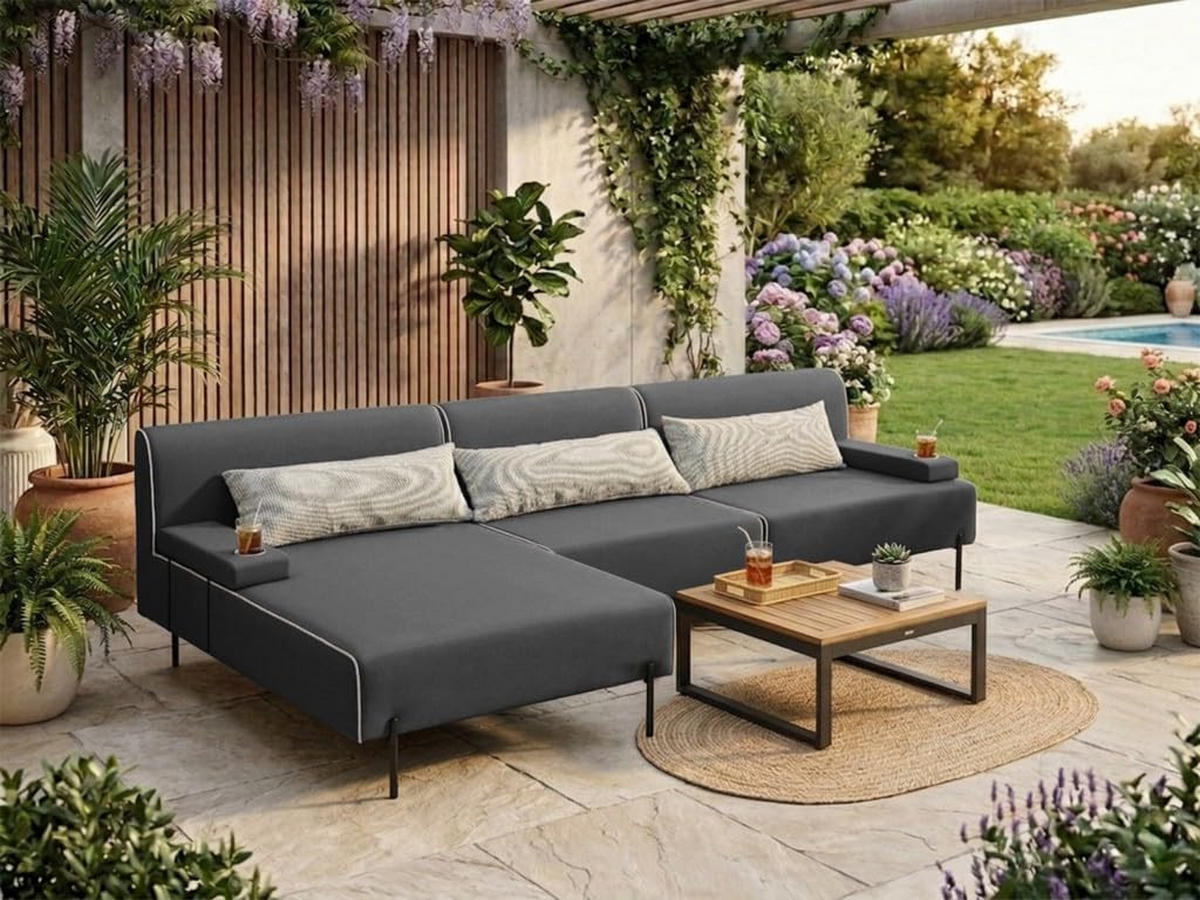 GARTENSOFA BORNEO S Wetterfest 300x170x86 cm, Links, Solide Konstruktion, HR-Schaumfüllung, Wetterfeste Bezugstoff, Dunkelgrau - Dunkelgrau, Holz/Metall (300/86/170cm) - Trada