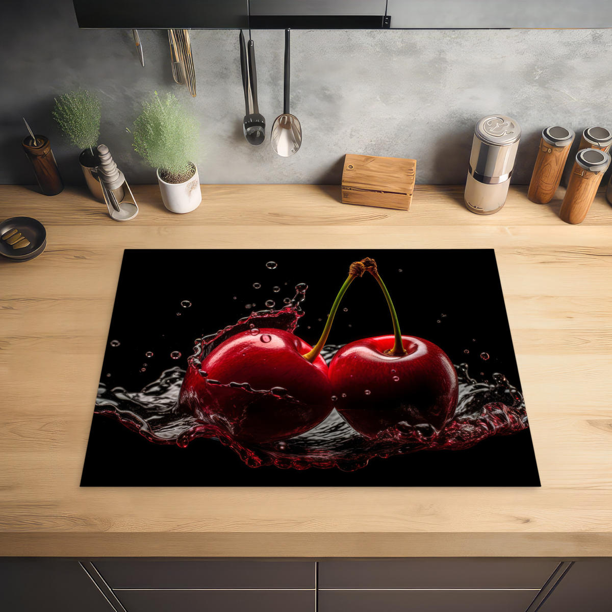HERABDECKPLATTE - Kirsche - Rot - Frucht - Wasser - Schwarz - 70x55 - Kirschrot, Kunststoff (70/55/0.2cm) - MuchoWow