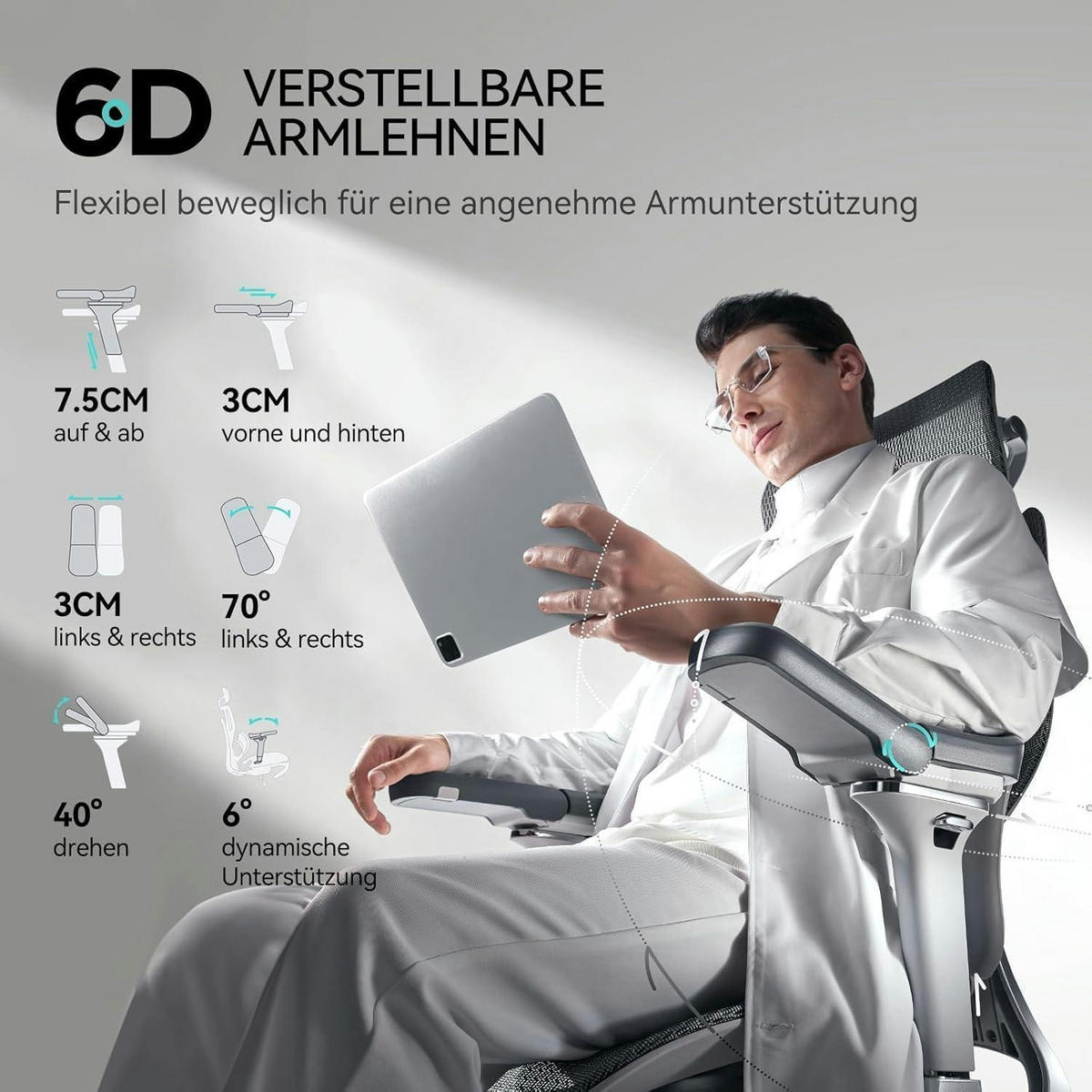 BÜROSTUHL E3 Pro mit Lendenwirbelstütze und Fußstütze Grau Textil - Grau, Textil (57.5/45.5/80cm)